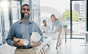 Portrait, black man and engineer in office, hard hat and blueprints for new building, collaboration or happy