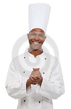 Portrait, black man and happy chef in studio isolated on white background. Face, cooking professional and smile of young