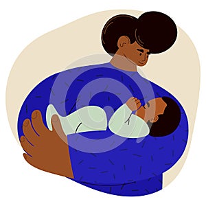 portrait of black man holding sleeping baby in his hands