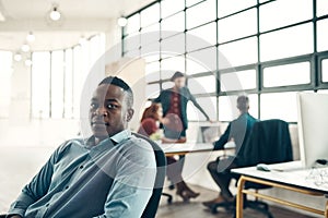 Portrait of black man at office, boss and startup entrepreneur with creative ideas for business project. Leader with