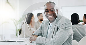 Portrait of black man, smile in and boss at business office, confident project manager at engineering agency. Happy