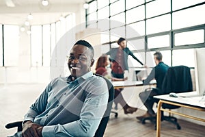 Portrait of black man with smile at office, creative startup entrepreneur with ideas for business project. Leader with