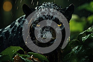 Portrait of a black panther, leopard with yellow eyes in the jungle. Generated by artificial intelligence