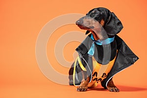 Portrait of black and tan dachshund wearing cool black leather classic biker jacket, yellow t-shirt with print and blue ribbon on