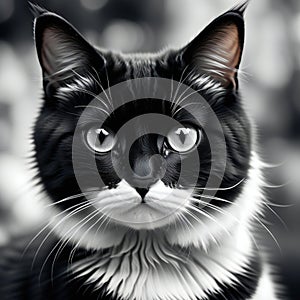 Portrait of a black and white cat with big eyes on a blurred background