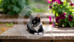 Portrait of a black and white cat with green eyes and a white jabot sitting in summer garden