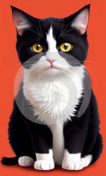 A portrait of black and white cat with yellow eyes