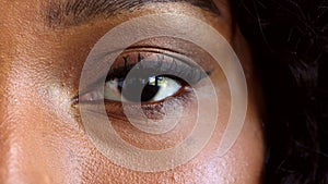 Portrait of a black woman as a victim of racism and gender based violence. Closeup on face and eyes of a female staying