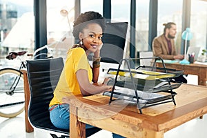 Portrait, black woman and computer in office with smile for career, job growth and opportunity in confidence. Female