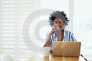 Portrait, black woman and laptop in house for remote work with online business, entrepreneur and natural light. African