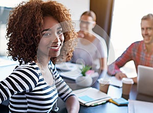 Portrait, black woman and meeting in office for advertising career with strategy workshop, team and tech. Modern