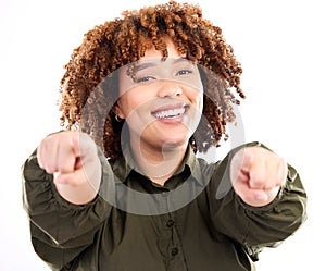 Portrait of black woman pointing you isolated on a white background to show winner, opportunity or success choice