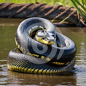 Portrait of a black and yellow striped water snake