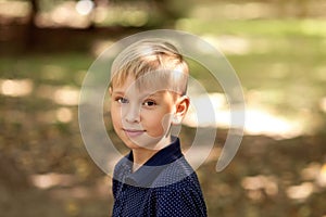 Portrait of a blond boy in the park on a sunny day