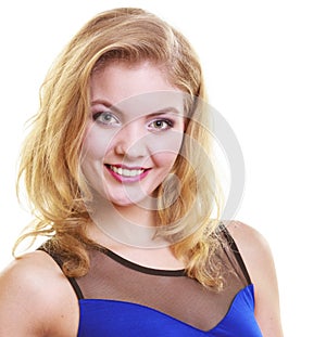 Portrait blond girl in blue dress isolated