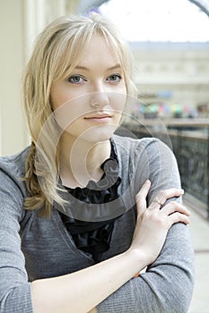 Portrait blond woman with blue eyes