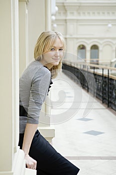 Portrait blond woman with blue eyes