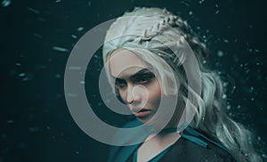 Portrait of a blonde girl close up. Background dark with flying snow, ash. White hair with creative braiding. Emotions