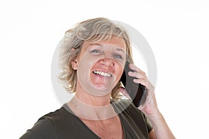 Portrait blonde lady of senior happy smiling woman talking on smartphone phone