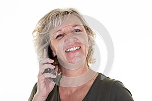 Portrait blonde lady of senior happy smiling woman talking on smartphone phone