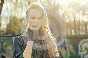 Portrait of blonde woman, stylish sunglasses, long hairs