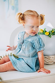 Portrait of blondel little girl in blue dress and two ponytales in light room. Easter, spring. photo