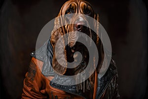 Portrait of a Bloodhound dog dressed as a biker.