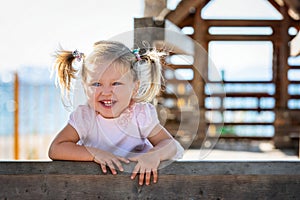 Portrait of a blue eyed baby girl with pigtails in her hair