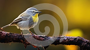 Portrait of a blue warbler on a branch in autumn. Generative AI