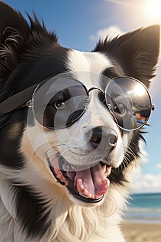 Portrait of a border collie puppy using sunglasses