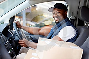 Portrait, box and black man with a delivery, vehicle and happiness with ecommerce, logistics and shipping. Face, male