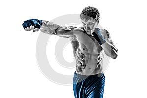 Portrait of boxer who practicing jab on white background. Black and white. Blue sportswear