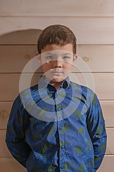 Portrait of a boy 8 years old brunette in a blue shirt. A very serious look.
