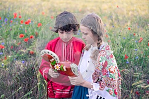 Portrait of a boy and a girl in the field.