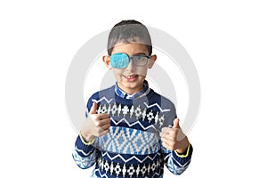 Portrait of boy in glasses with patch. Eye patch for glasses t treat lazy eye, amblyopia, strabismus