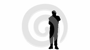 Portrait of boy isolated on white background alpha channel. Silhouette of schoolboy holding skateboard and posing at the