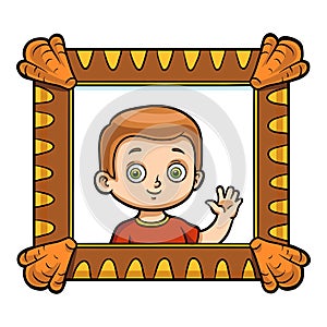 Portrait of a boy in photo frame, cute cartoon child character