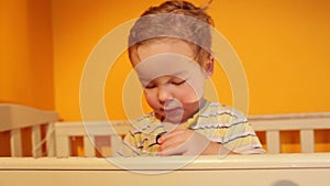 Portrait of the boy playing in the playpen.