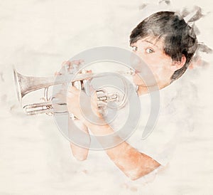 Portrait of a boy playing the trumpet