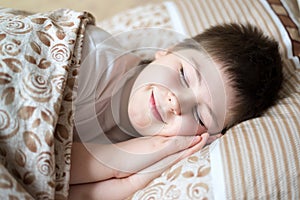 Portrait of boy sleeping in bed day