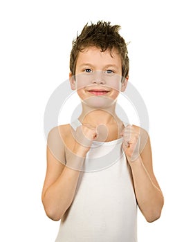 Portrait of a boy in underwear with wet hair