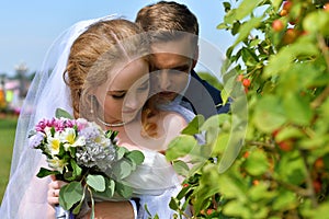 Portrait of the bride and groom close-up. Wedding photography