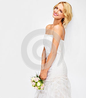 Portrait of bride wedding with flower bouquet and marriage dress on studio white background. Happy, smile and beauty of