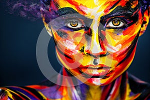 Portrait of the bright beautiful girl with art colorful make-up and bodyart