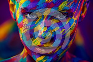 Portrait of the bright beautiful girl with art colorful make-up face art and bodyart