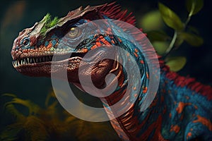 Portrait Of A Bright Bluered Dinosaur. Generative AI