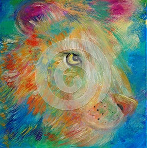 Portrait of a bright multi-colored lion