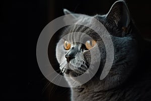 Portrait of a British Shorthair cat on a black background.