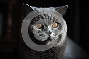 Portrait of a British Shorthair cat on a black background.