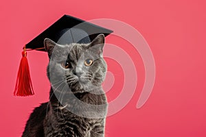 Portrait of British Shorthair gray cat wearing black graduation cap on red background with copy space. Graduation ceremony.